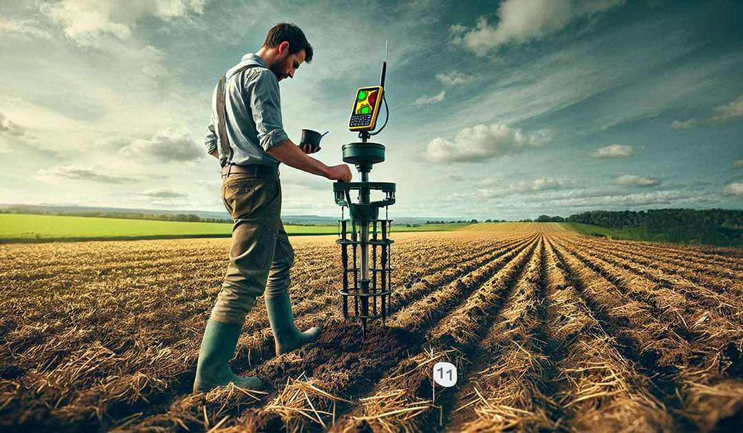 An agronomist using a soil probe in a large field with fewer core samples being taken, highlighting a targeted soil sampling approach.